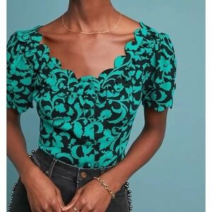 Anthropologie Maeve Aseey Blouse Floral Black And Green Jacquard Blouse Feminine